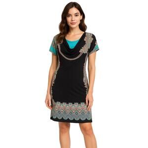 OneWorld “Live & Let Live” Cowl-Neck Border-Print Dress, Black/Teal, Size M